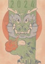 Retro-style illustration of a green dragon with an aggressive snarl, showing its sharp fangs.